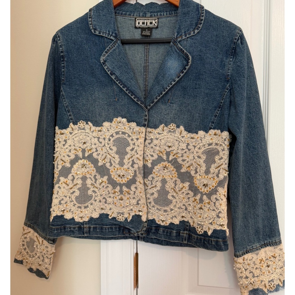 Berek by Takako Sakon Beaded Lace Denim Jacket Medium Wash Blue Small